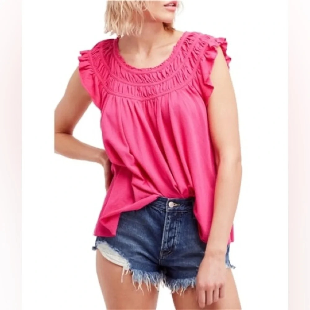 WE THE FREE Coconut‎ Gathered Basic Blouse in Hot Pink